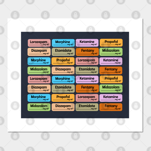 CRNA anesthesia drugs color coded syringe labels of eight drugs Design